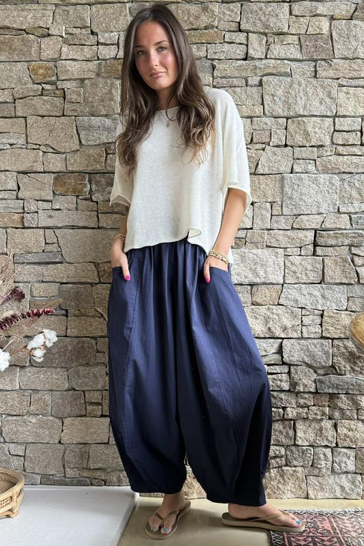 Inga Stretch Poplin Cotton Barrel Pant Navy